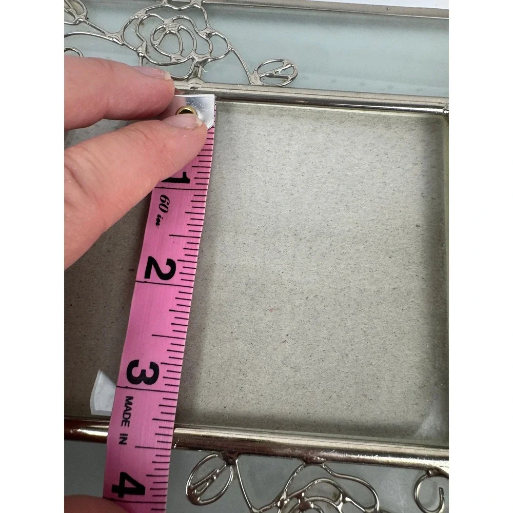 Vtg Frosted Glass Trinket Box Silver Rose Filigree Picture Frame Jewelry